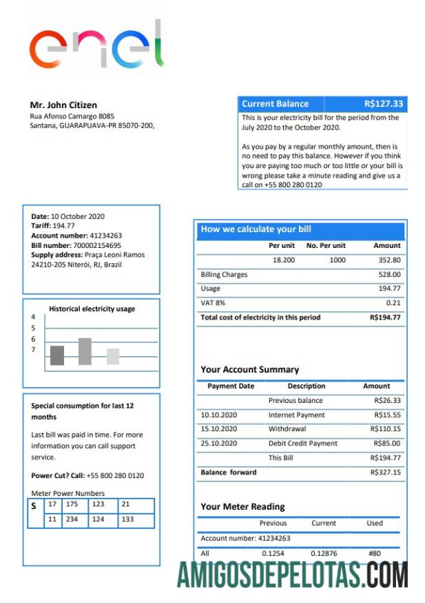 Para baixar modelo de conta de serviço público de eletricidade ENEL Brasil em formato Word e PDF